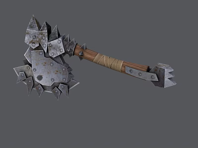 Detailed Metal Battle Axe Sculpture With Spiked Head Rivets And Wooden Wrapped Handle 3d model