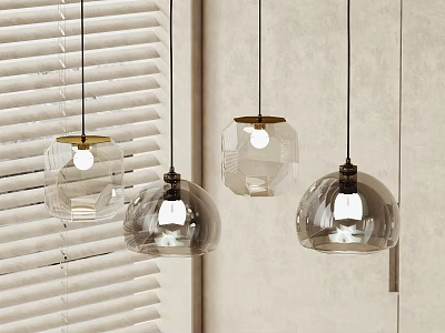 Modern Interior Design With Clear Glass Pendant Lights Geometric Shapes Metal Accents And Window Blinds 3d model