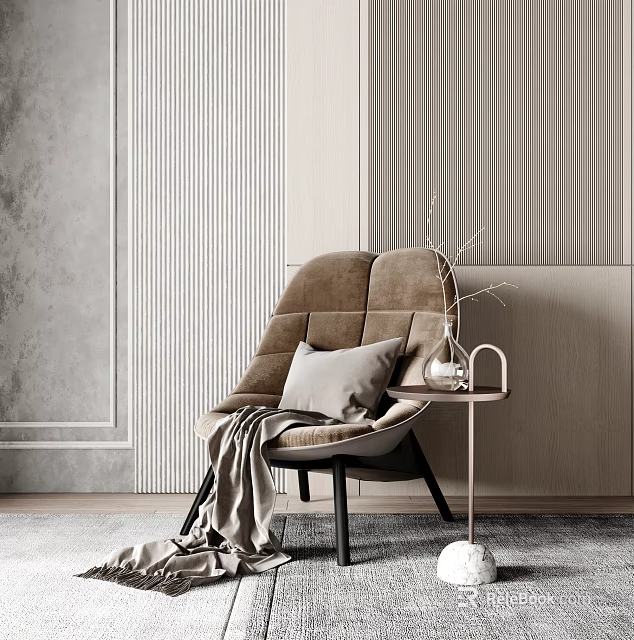 Modern Brown Lounge Chair With Gray Pillow Soft Blanket And Side Table Against Minimalist Wall 3d model 