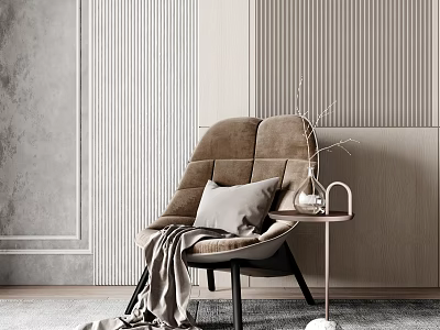 Modern Brown Lounge Chair With Gray Pillow Soft Blanket And Side Table Against Minimalist Wall 3d model