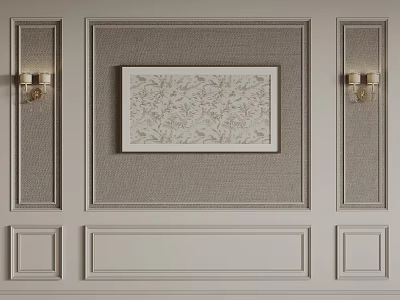 Elegant Light Gray Bedroom Accent Wall With Floral Artwork And Wall Sconces 3d model