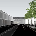 Modern Sales Office Building Featuring Glass Curtain Wall Water Pools Trees Pathway And Sky Reflections