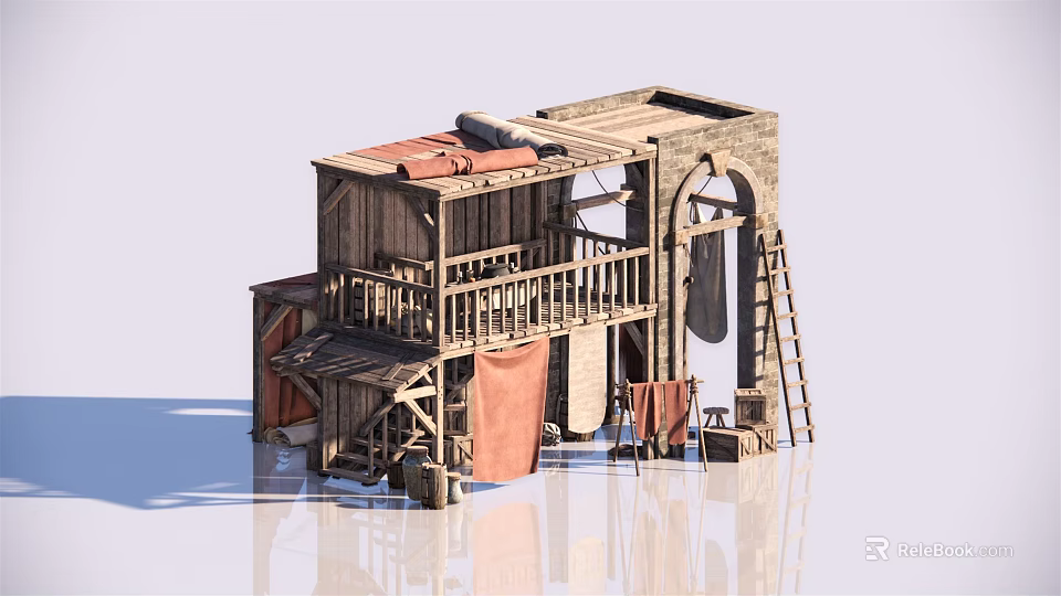 Rustic Wooden House With Balcony Ladder Drying Cloths And Open Structure 3d model