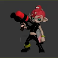 Spiky Red Hair Green Eyes Game Character Holding Red Weapon In Black Outfit With Yellow Accessories