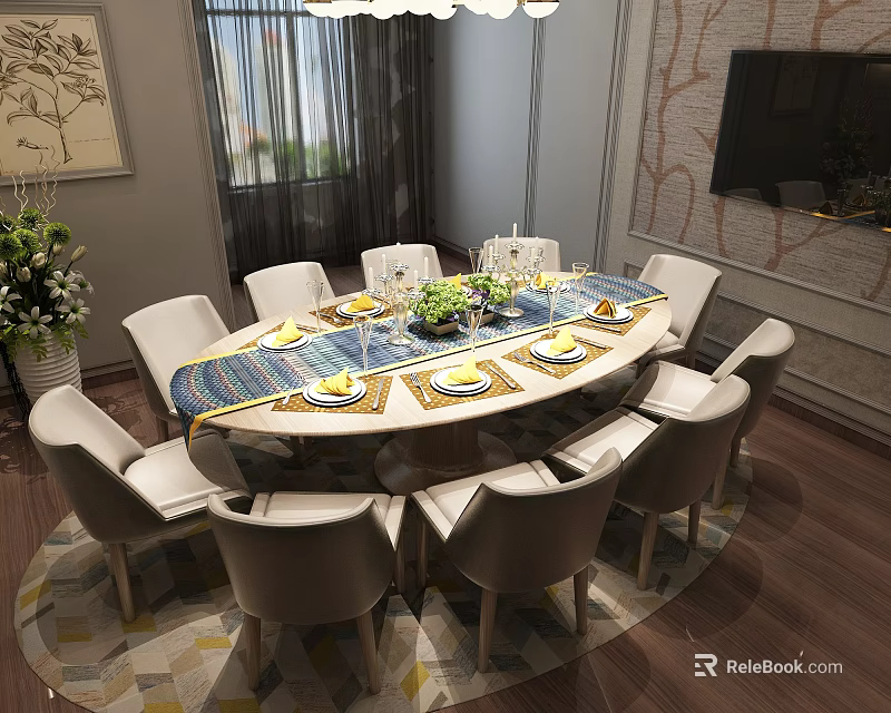 Modern Dining Room Featuring Oval Dining Table With Beige Chairs Placemats And Plates 3d model 
