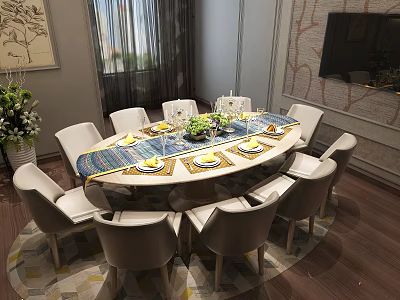 Modern Dining Room Featuring Oval Dining Table With Beige Chairs Placemats And Plates 3d model