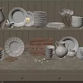 White Ceramic Dinnerware Set With Plates Bowls Pitchers And Glasses On Kitchen Shelf Countertop