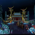 Ancient Underwater Scene With Golden Dragons Ornate Pillars And Small Boat 3d model