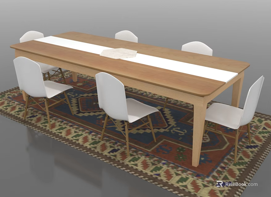Long Wooden Dining Table With Six White Chairs On Colorful Patterned Rug Interior 3d model 