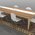Long Wooden Dining Table With Six White Chairs On Colorful Patterned Rug Interior
