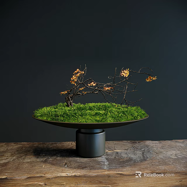 Bonsai Potted Plant with Green Moss and Yellow Leaves on Round Tray and Black Base 3d model 