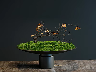 Bonsai Potted Plant with Green Moss and Yellow Leaves on Round Tray and Black Base 3d model