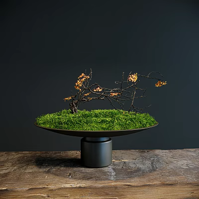 Bonsai Potted Plant with Green Moss and Yellow Leaves on Round Tray and Black Base 3d model