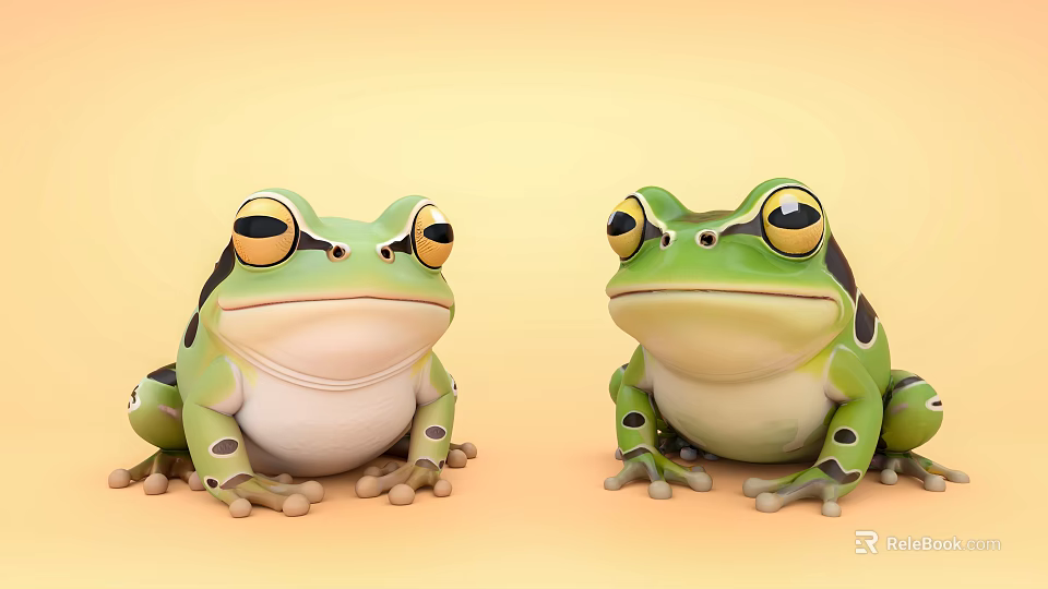 Green Cartoon Frogs With Yellow Eyes White Bellies And Dark Spots On Light Orange Background 3d model 