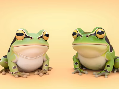 Green Cartoon Frogs With Yellow Eyes White Bellies And Dark Spots On Light Orange Background 3d model