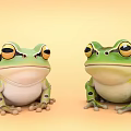 Green Cartoon Frogs With Yellow Eyes White Bellies And Dark Spots On Light Orange Background