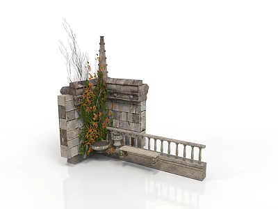 Stone Scene Structure With Brick Wall Balustrade Platform Spire Like Top And Plant Decoration 3d model