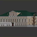 Classical Style Building Featuring Green Roof Yellow Facade Red Door And Windows