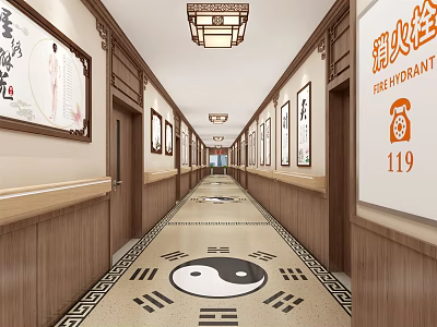Elevator Corridor With Wooden Decor Calligraphy Paintings Yin Yang Floor Pattern Fire Safety Sign 119 3d model