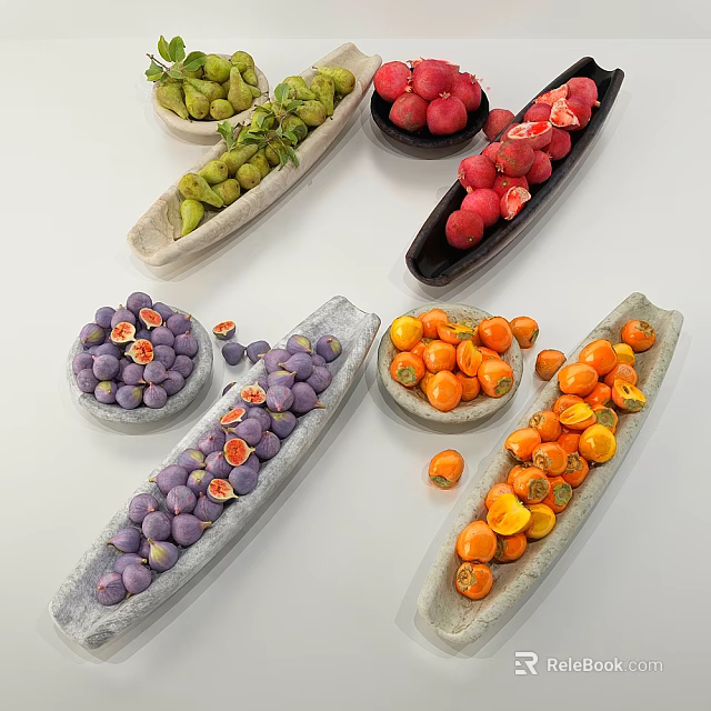 Assorted Fresh Colorful Fruits Displayed in Ceramic Plates on White Background 3d model 