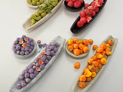 Assorted Fresh Colorful Fruits Displayed in Ceramic Plates on White Background 3d model