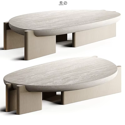 Modern Coffee Table With Smooth Oval Wood Grain Top And Sturdy Geometric Base Structure 3d model