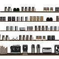 Organized Modern Multilayer Shelving Unit With Coffee Makers Storage Boxes And Containers