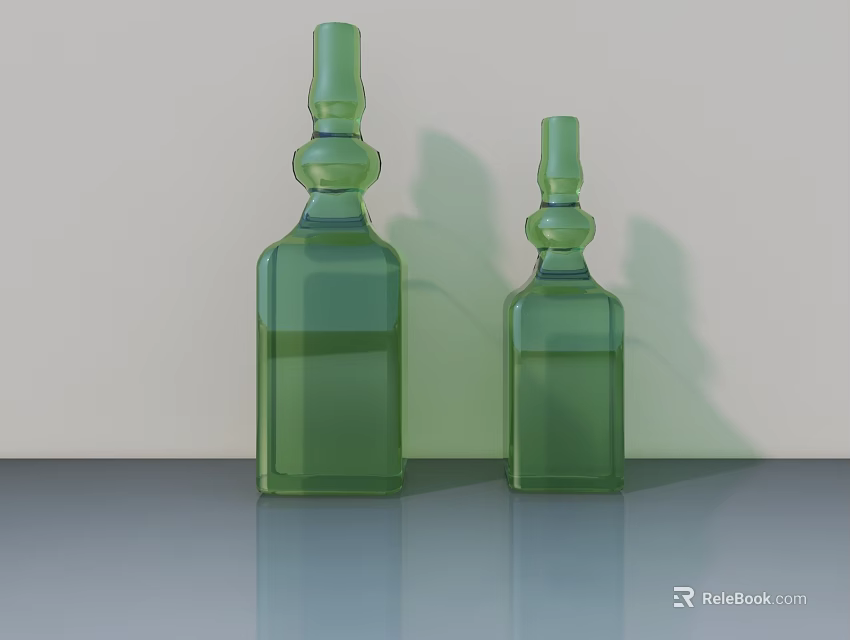 Display Shelves Showcasing Green Glass Bottles on Smooth Surface with Shadows 3d model 