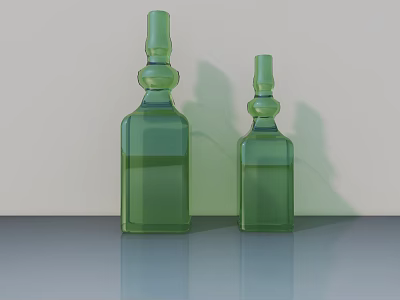 Display Shelves Showcasing Green Glass Bottles on Smooth Surface with Shadows 3d model