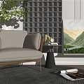 Light Gray Single Sofa With Wooden Frame Side Table Lamp Green Plant Lattice Screen