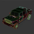 Green Vintage Off Road Jeep Truck With Muddy Exterior And Cargo Bed