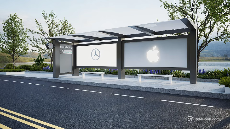 Modern Bus Stop With Transparent Roof Benches And Mercedes Apple Billboards 3d model 