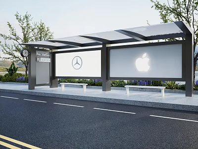 Modern Bus Stop With Transparent Roof Benches And Mercedes Apple Billboards 3d model