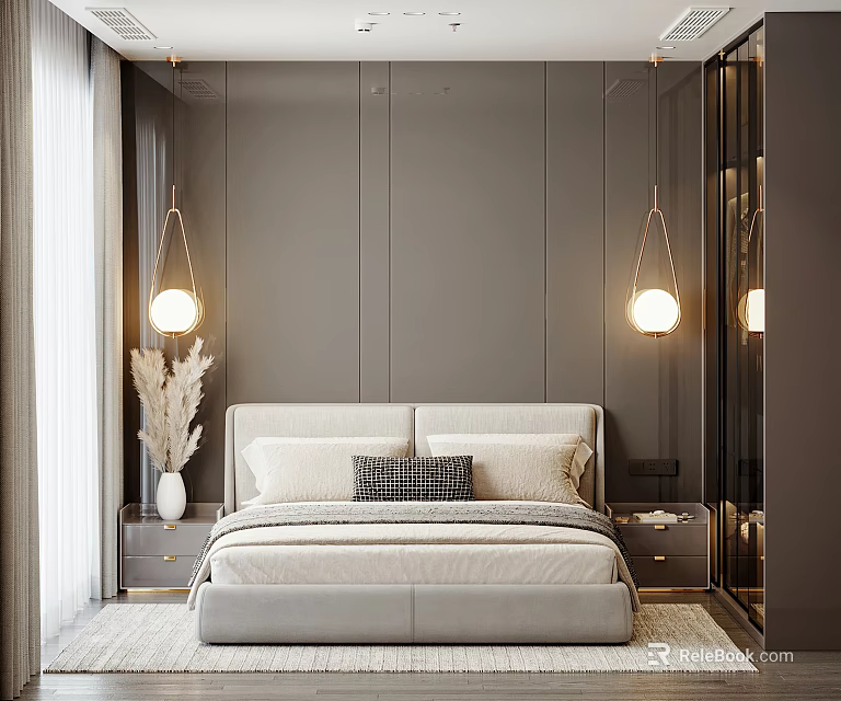 Modern Bedroom Interior Design With Soft Upholstered Bed Pendant Lights Gray Paneled Walls And Nightstands 3d model 
