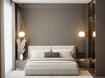 Modern Bedroom Interior Design With Soft Upholstered Bed Pendant Lights Gray Paneled Walls And Nightstands 3d model