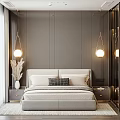 Modern Bedroom Interior Design With Soft Upholstered Bed Pendant Lights Gray Paneled Walls And Nightstands