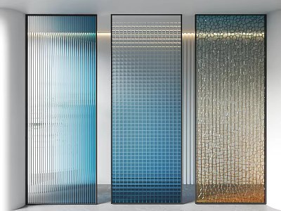 Glass Room Dividers With Blue Gradient Grid And Golden Textured Panels 3d model