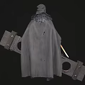 Cloaked Woman In Feathered Cape Carrying Large Wooden Structure And Glowing Blades