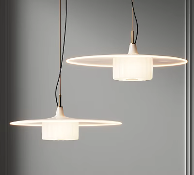 Modern Minimalist Pendant Lights With White Shade And Circular Disc In Indoor Gray Background 3d model