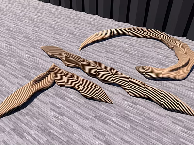 Golden Wave Shaped Landscape Seats With Modern Striped Design And Gray Wooden Floor 3d model