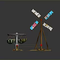 Colorful Windmill Model With Blades Small Figures On Base Circular Platform And Bowls