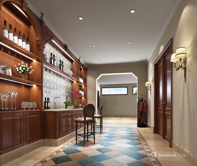 Elegant Bar Area With Wooden Wine Cabinets Bar Stools And Colorful Mosaic Floor Tiles 3d model 