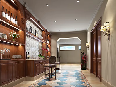 Elegant Bar Area With Wooden Wine Cabinets Bar Stools And Colorful Mosaic Floor Tiles 3d model