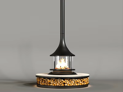 Modern Freestanding Fireplace with Black Chimney Glass Front Flames and Wood Logs Base 3d model