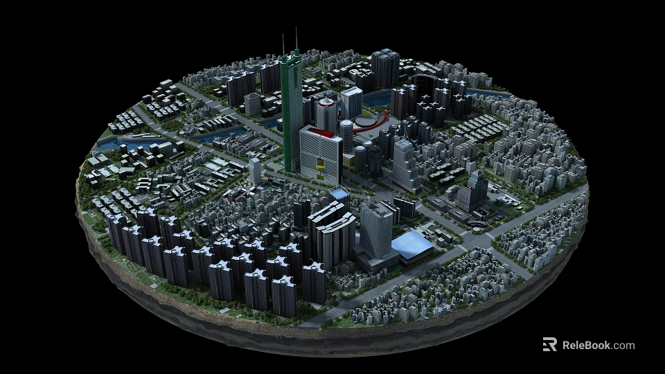 Aerial City Planning Model Featuring High Rise Buildings Road Networks And Green Spaces 3d model 
