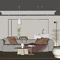 Minimalist Living And Dining Room With Beige Sofa Brown Cushions Wall Art And Pendant Light
