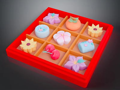 Assorted Colorful Traditional Japanese Sweets in Red Box with Flower Fruit Shapes 3d model
