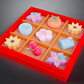 Assorted Colorful Traditional Japanese Sweets in Red Box with Flower Fruit Shapes