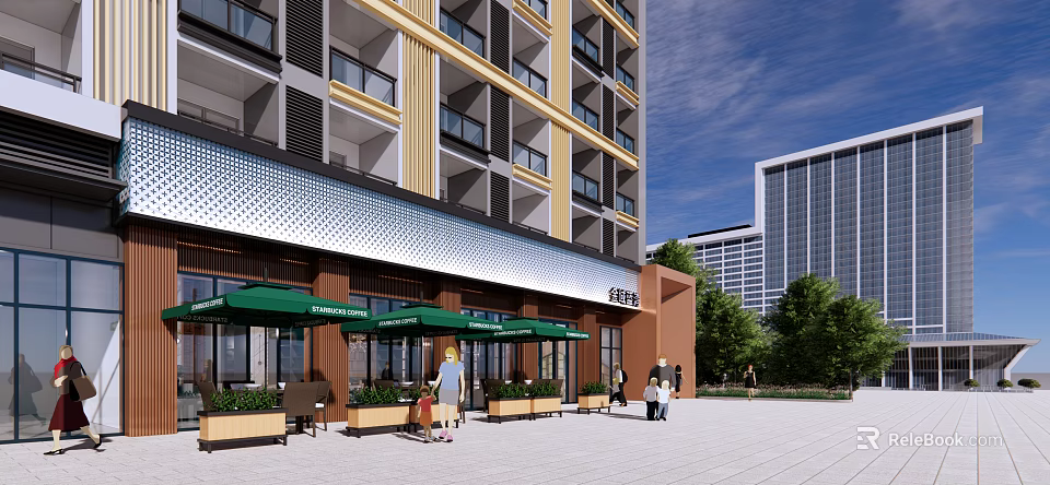 Modern Storefront with Green Awnings Pedestrians Walking Nearby Tall Buildings and Trees 3d model 