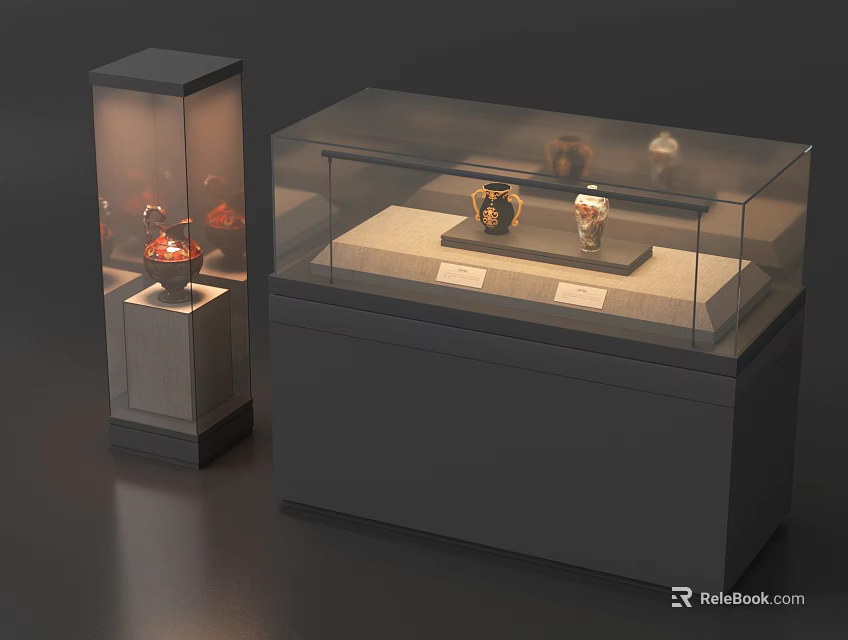 Sturdy Tall and Low Display Shelves with Glass Cover Gray Base for Artifacts 3d model 
